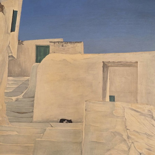 Antonis Politakis Painting Chora of Ios tempera on cardboard used