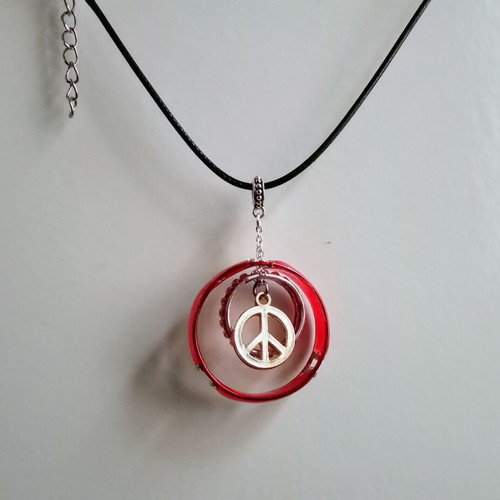 Handmade necklace with rings and peace symbol red and silver, new