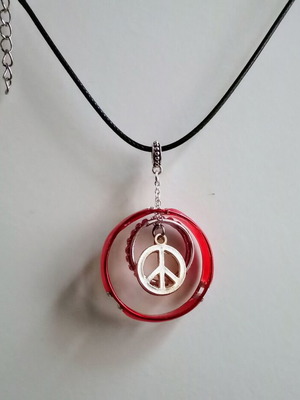 Handmade necklace with rings and peace symbol red and silver, new