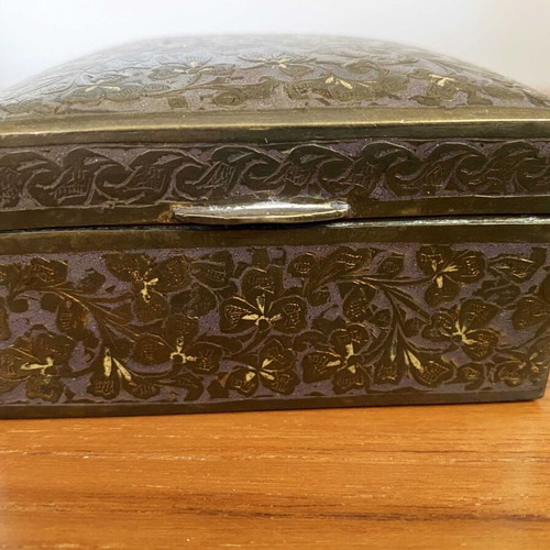 Vintage handmade metal jewelry box with embossed decoration like new
