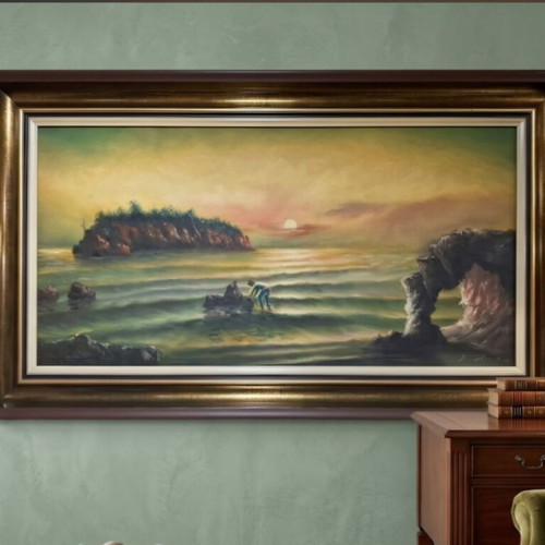 Painting panoramic seascape with fisherman at sunset, like new