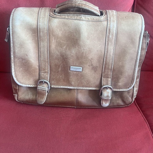 Men's leather work bag used, brown, 43x31 cm, 4 pockets