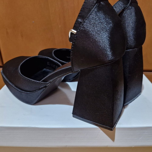 Black satin pumps with rhinestones, medium heel, like new