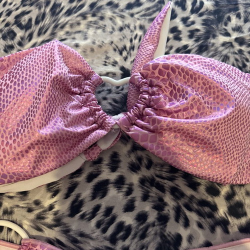 Pink iridescent women's bikini strapless bandeau top and Brasil slip, like new