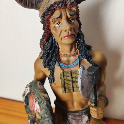 Vintage Native American warrior statue used, kneeling with spear and tomahawk