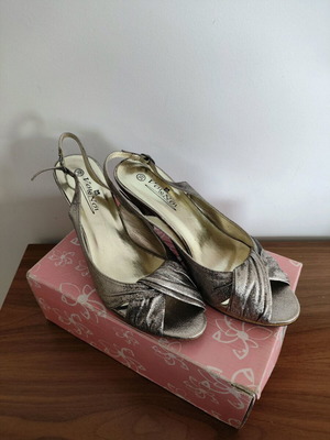 Peep toe silver used with wedge and wooden heel