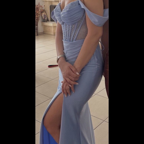 Satin maxi dress with slit, sky blue