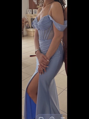 Satin maxi dress with slit, sky blue