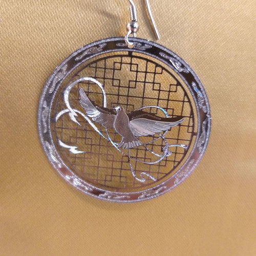 Eirinis hanging earrings new, silver with dove design