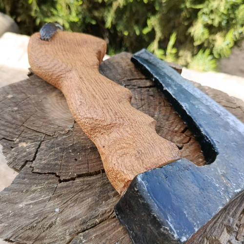 Antique hand axe used, oak handle with genuine leather