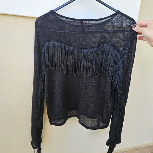 See Through thin sweater used, black, with fringes