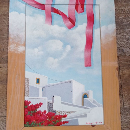 Painting traditional Cycladic landscape in wooden frame used