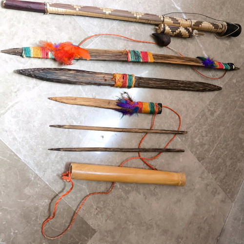 Set of traditional handmade tribal art items used