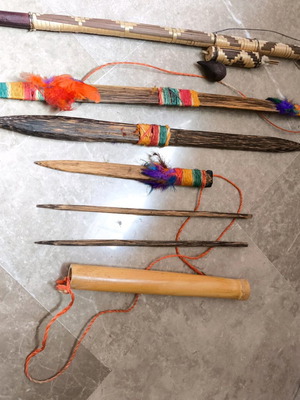 Set of traditional handmade tribal art items used