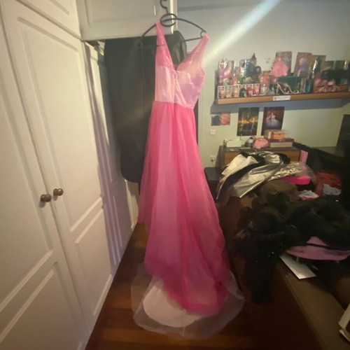 Evening dress used, very long pink and white with train, size S