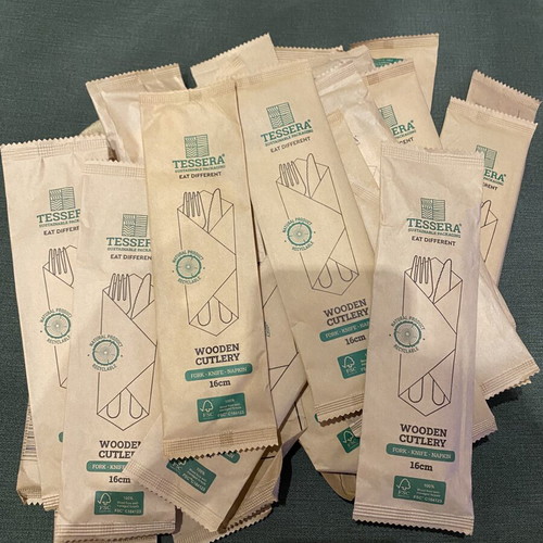 Wooden cutlery set new, pack of 28 with knife, fork, napkin