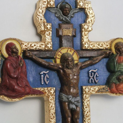 Wooden carved cross painted new with egg tempera and gilding