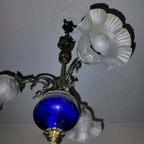 Vintage ceiling light like new with brass frame and glass details