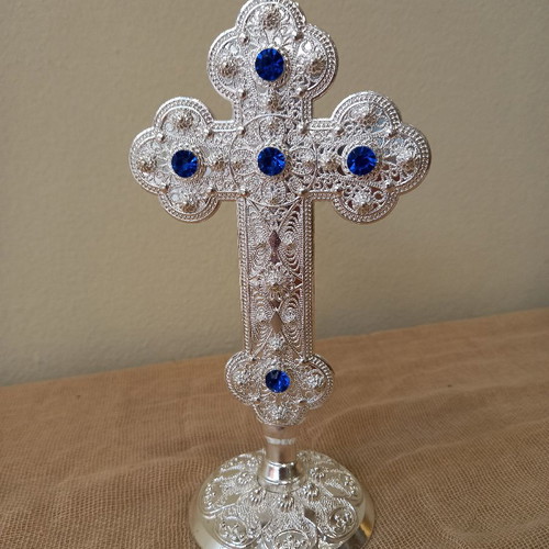 Holy Water Cross 16.5cm new, metal with base and stones