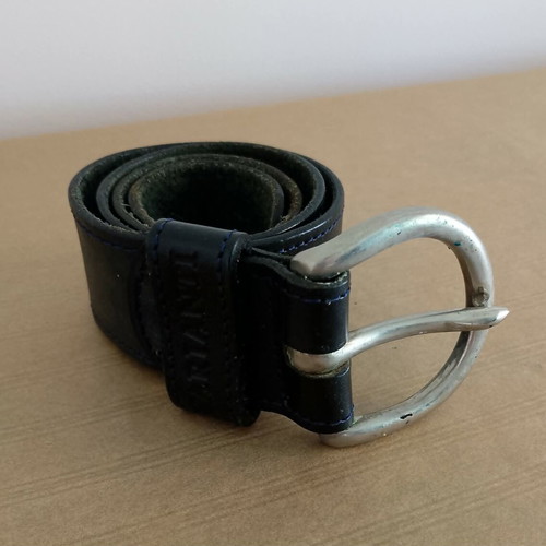 Leather belt dark blue with metal buckle, like new, size 75 cm
