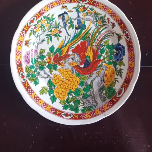 Vintage διακοσμητικό πιάτο πορσελάνης Ασιατικό στυλ με πουλιά και παιώνιες σαν καινούργιο