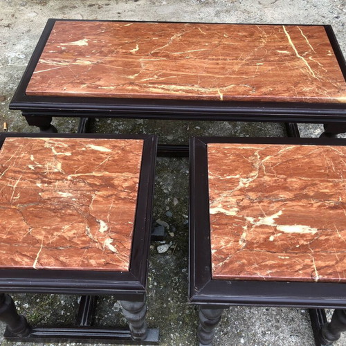Coffee table set used, 3 pieces, walnut wood and Ritsonas marble