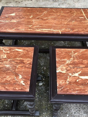Coffee table set used, 3 pieces, walnut wood and Ritsonas marble