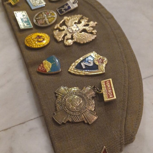 Soviet military pilotka hat with 13 badges and medals, new