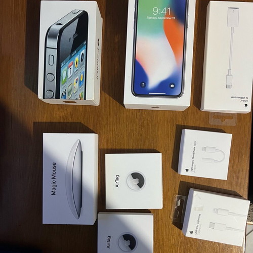 Apple iPhone X Magic Mouse AirTag and charger boxes like new