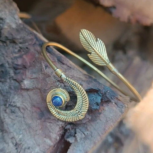 Ethnic brass women's bracelet with lapis lazuli gemstone new