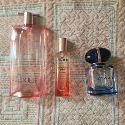 Perfume bottles used, Idole, My Way, Nuxe Eau de Parfum