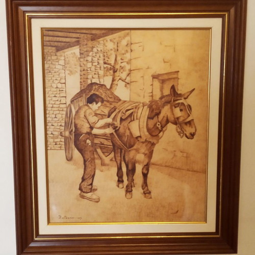 Stavlitis with Horse Pyrography Painting on Wood with Wooden Frame