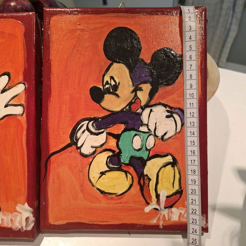 Mickey Mouse set of two handmade paintings with wooden frames and hanger