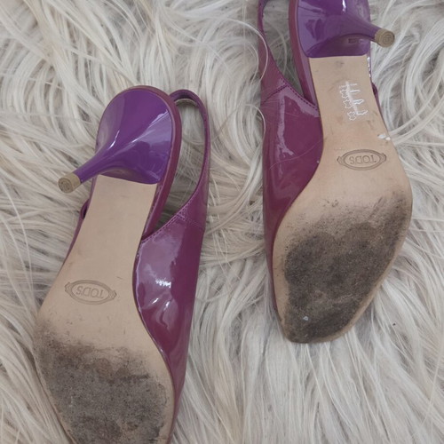 Tod's Patent Leather Peep Toe Slingback Pumps Used Purple