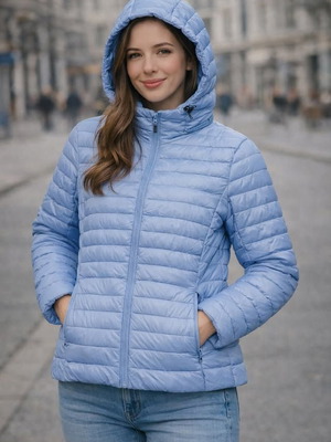 Women's Blue Jacket with Detachable Hood, New, Model Reduced Size