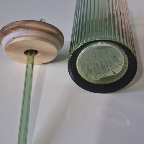 Glass cup with wooden lid and glass straw, green, 330 ml