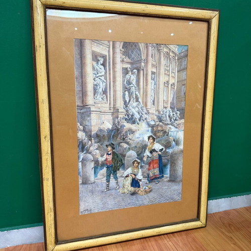 Υδατογραφία Ettore Ascenzi μεταχειρισμένη με θέμα Fontana Di Trevi σε ιταλική κορνίζα