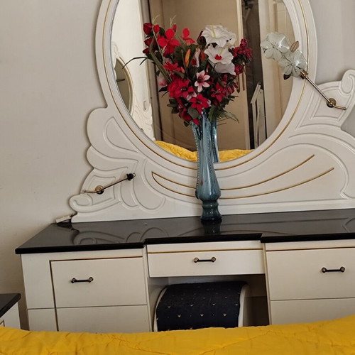 Bedroom furniture set with double bed, two nightstands, dressing table and mirror