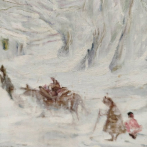 Oil painting snowy landscape used on plywood, old collectible 40x50