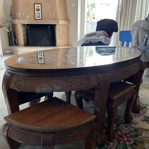 Chinese carved wooden coffee table set with six stools and four nesting tables like new