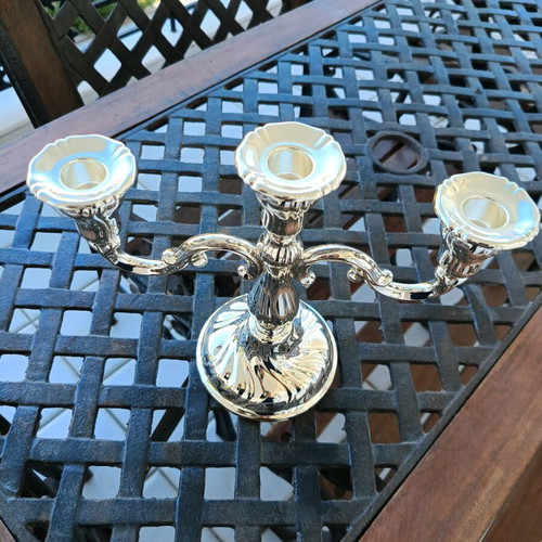 Silver-plated ornate three-arm candlestick new, excellent quality