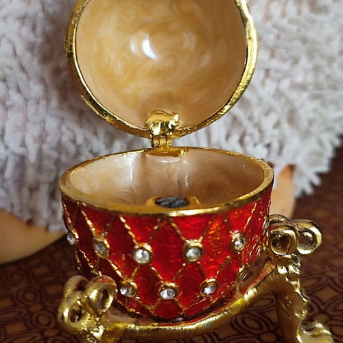 Faberge style red egg enamel decoration with crystals on gilded base new