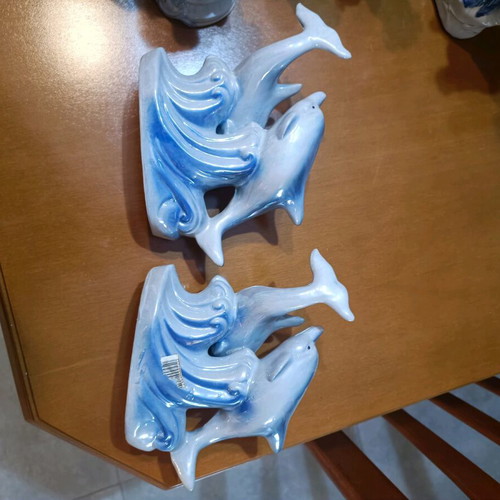 Porcelain blue decorative dolphin pair like new