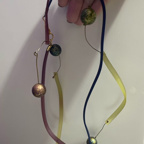 Long necklace used with gold-plated multicolor beads and plastic parts