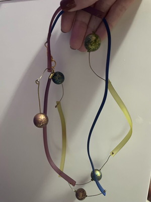 Long necklace used with gold-plated multicolor beads and plastic parts
