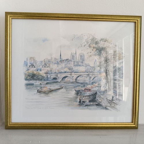 Aquarelle Paris Le Pont Neuf et Notre Dame framed painting like new