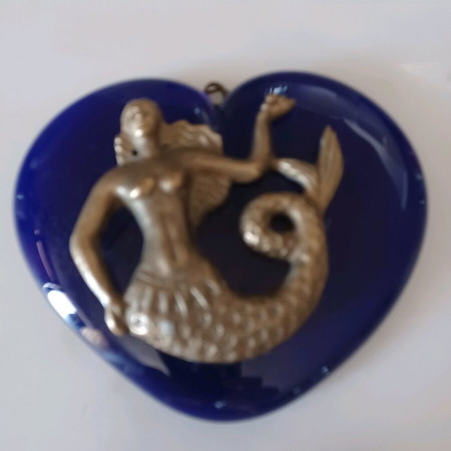 Good luck charm made of blown glass with bronze mermaid like new