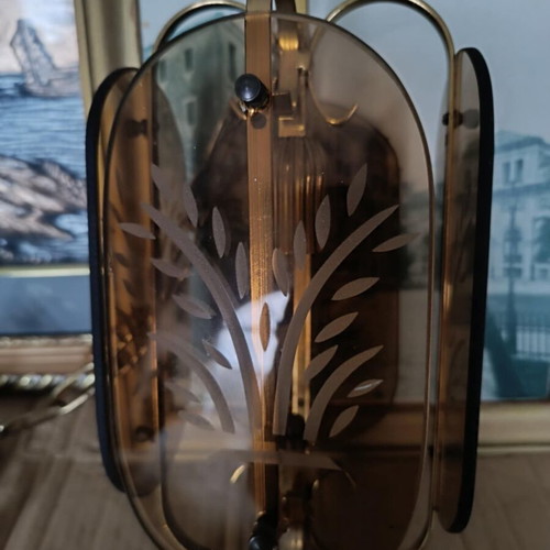 Vintage ceiling light with brass frame and patterned glass