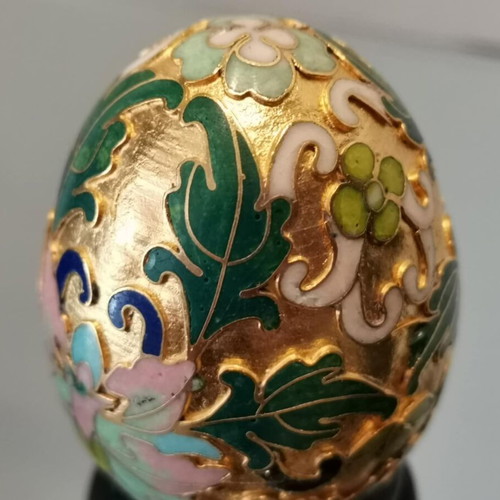 Cloisonne egg vintage used with floral motifs and wooden base