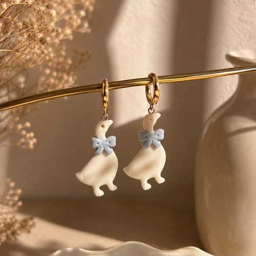 Duck Earrings handmade with blue bow, polymer clay, new